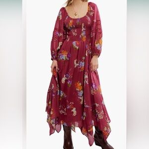 Free People Burgundy Floral Smocked Midi Dress